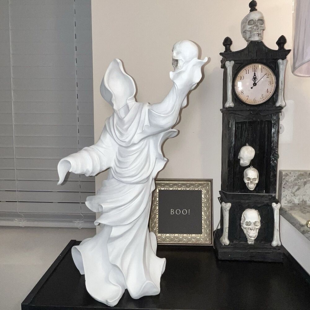 Spooky Night Halloween Extra Large White Ghost Holding Skull Figurine Decor